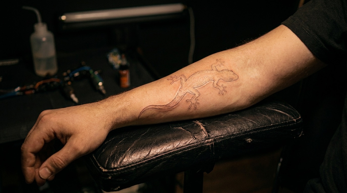 Forearm resting in a tattoo studio under normal light: the UV gecko tattoo is barely visible, just faint linework on the skin